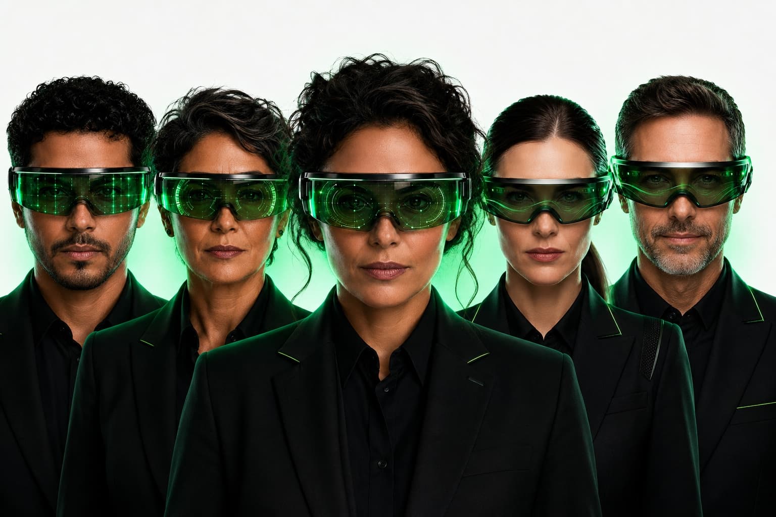 Equipe de cinco agentes da Contabos com visores verdes